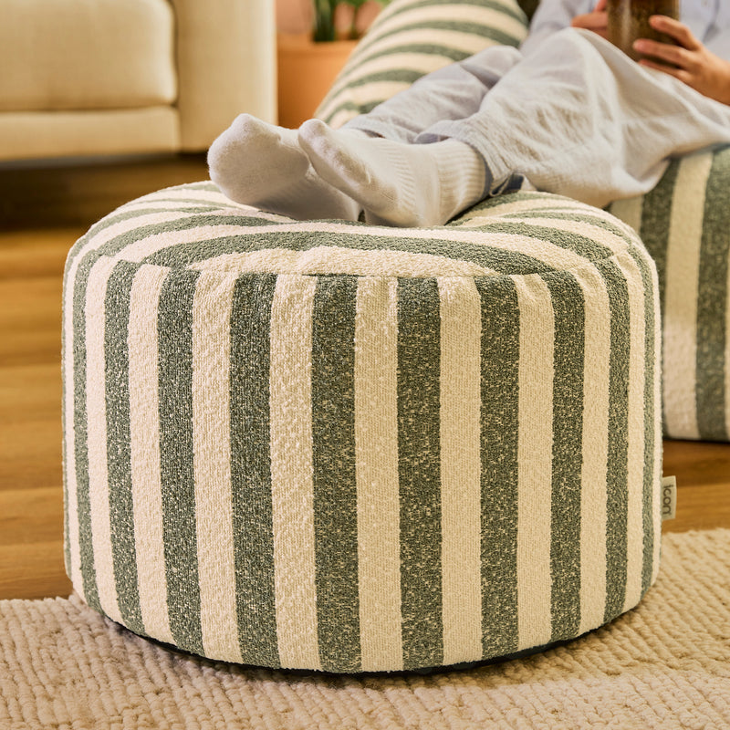 Pouf rond en bouclé rayé Milano - Vert olive