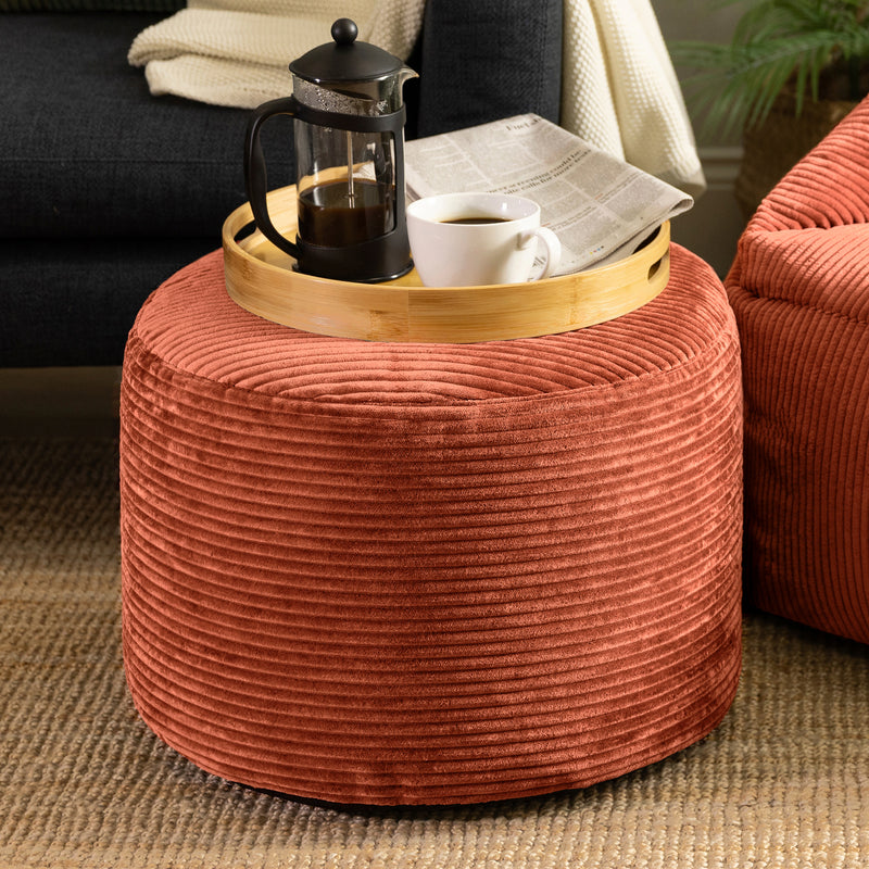Pouf rond Milano en velours côtelé, orange terracotta