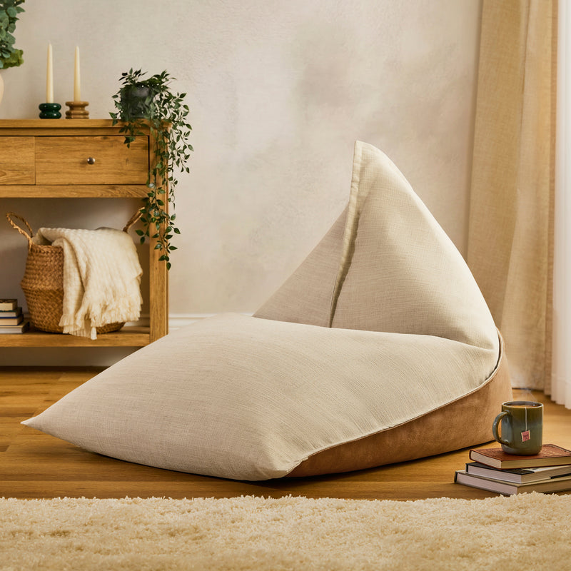Pouf fauteuil Rocco en lin et similicuir - Naturel/Brun clair