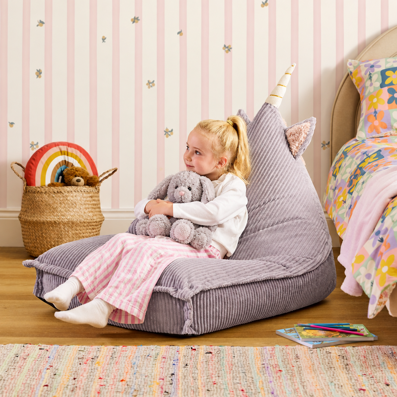 Coussin et pouf enfant Luna Licorne en velours côtelé - Lavande