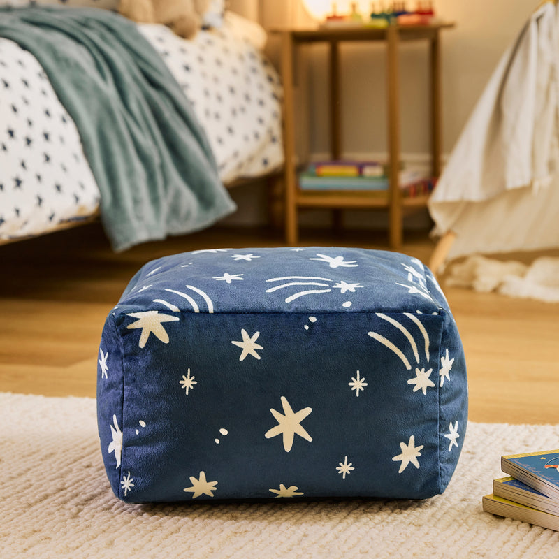 Petit pouf carré en velours brossé Amara Star - Bleu encre