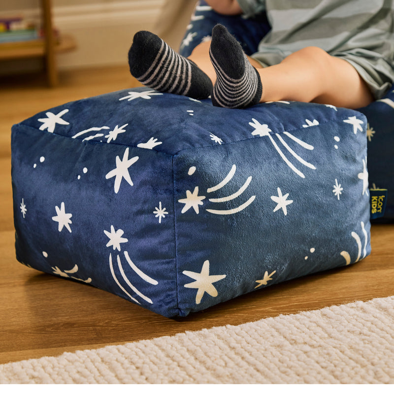 Petit pouf carré en velours brossé Amara Star - Bleu encre