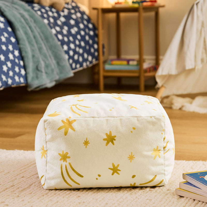 Petit pouf carré en velours brossé Amara Star - Crème