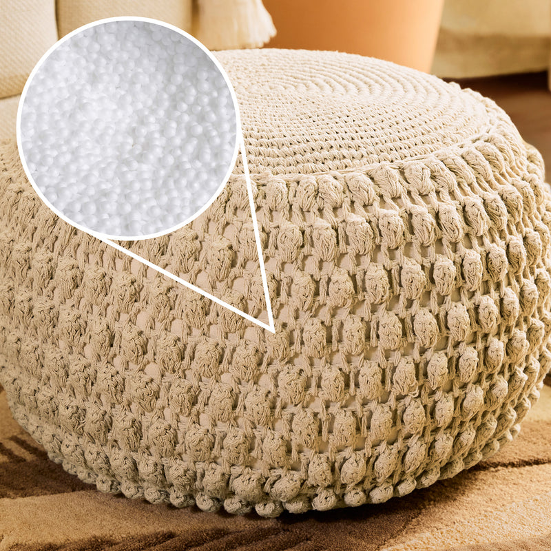 Pouf rond crocheté à pompons Riva - Naturel